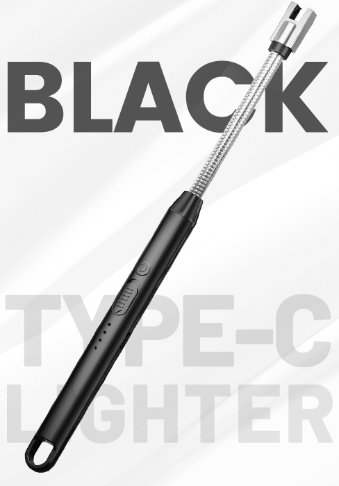 Black USB Type-C lighter with elongated pen-like design, shown against white background with 'BLACK' text visible.