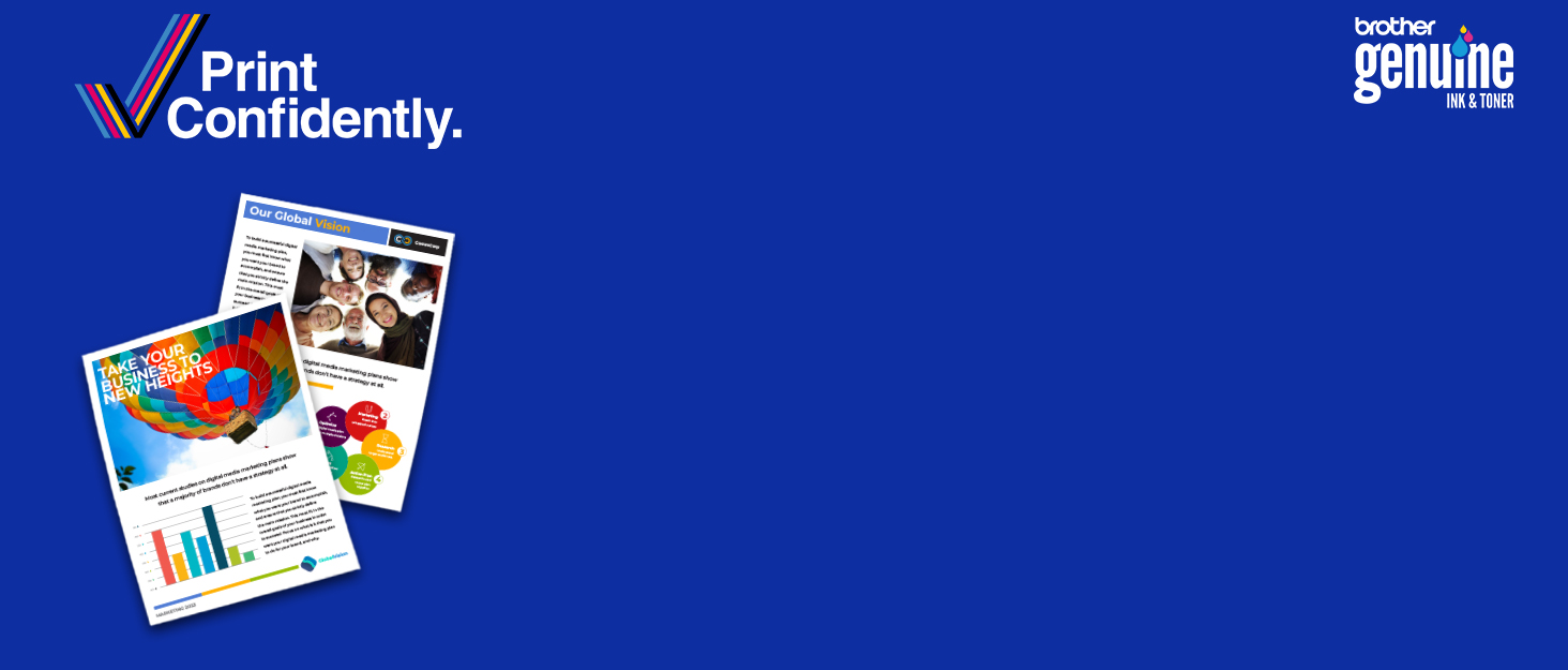 Print Confidently with Brother Genuine Ink &amp;amp; Toner. Color inkjet print samples on blue background