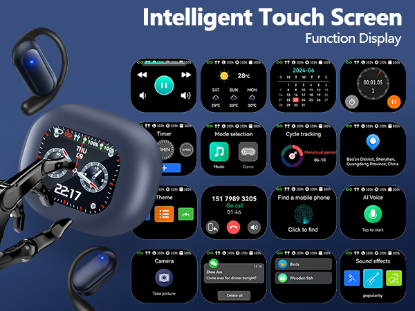 Intelligent Touch Screen Open Ear Bluetooth 5.4 Wireless Bone Conduction Over The Ear Earbuds 