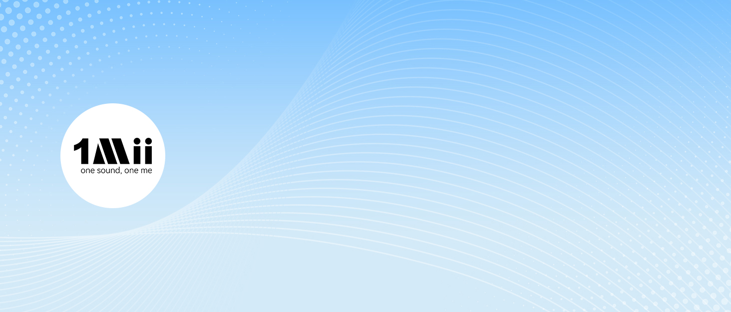 Text reads '1Mii'. Marketing image showing blue gradient background with white circular design elements and brand logo.