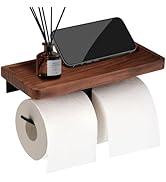 TOKCKYBL Double Toilet Paper Holder with Walnut Wood Shelf - Wall Mount &amp; Self-Adhesive Bathroom ...