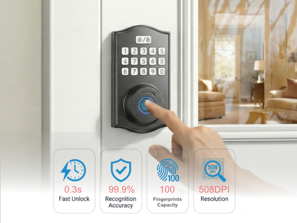 Biometric fingerprint door lock with 0.3s fast unlock and 508DPI sensor