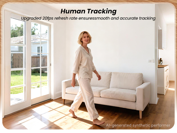 Woman walking through the living room, smart camera human tracking that pans to follow the motion.