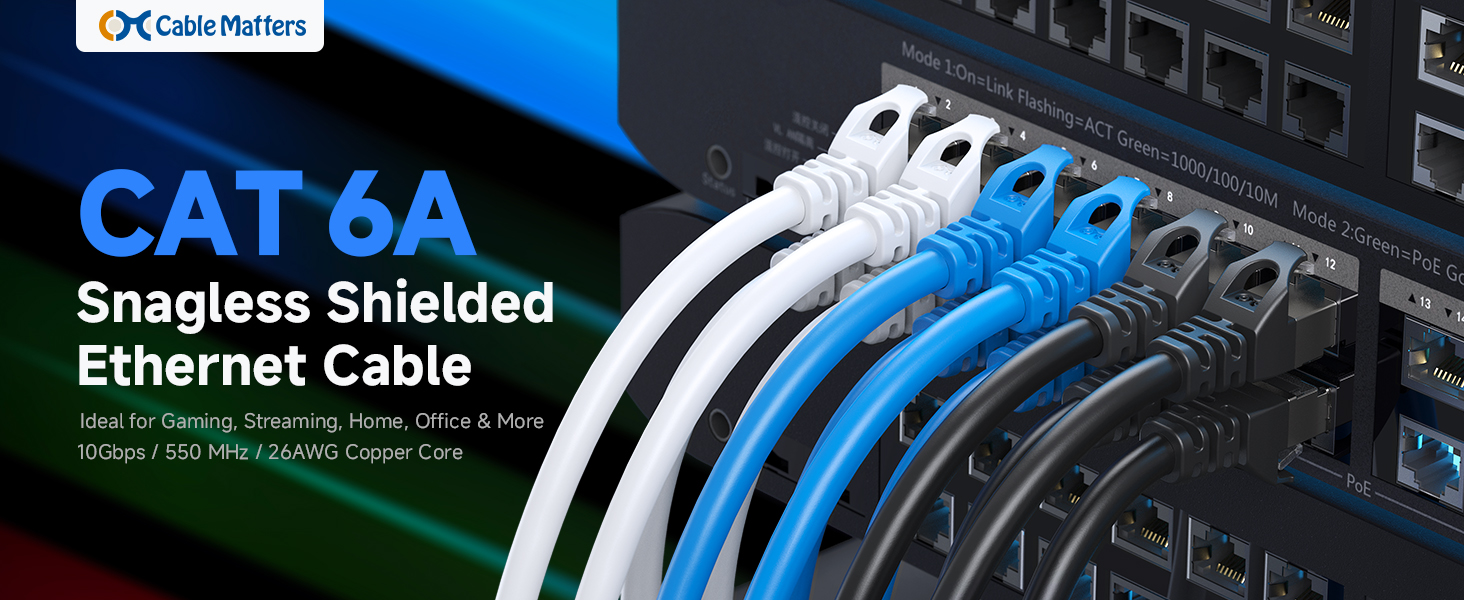 Cat 6A ethernet cable with 24 AWG copper wire for high-speed connectivity