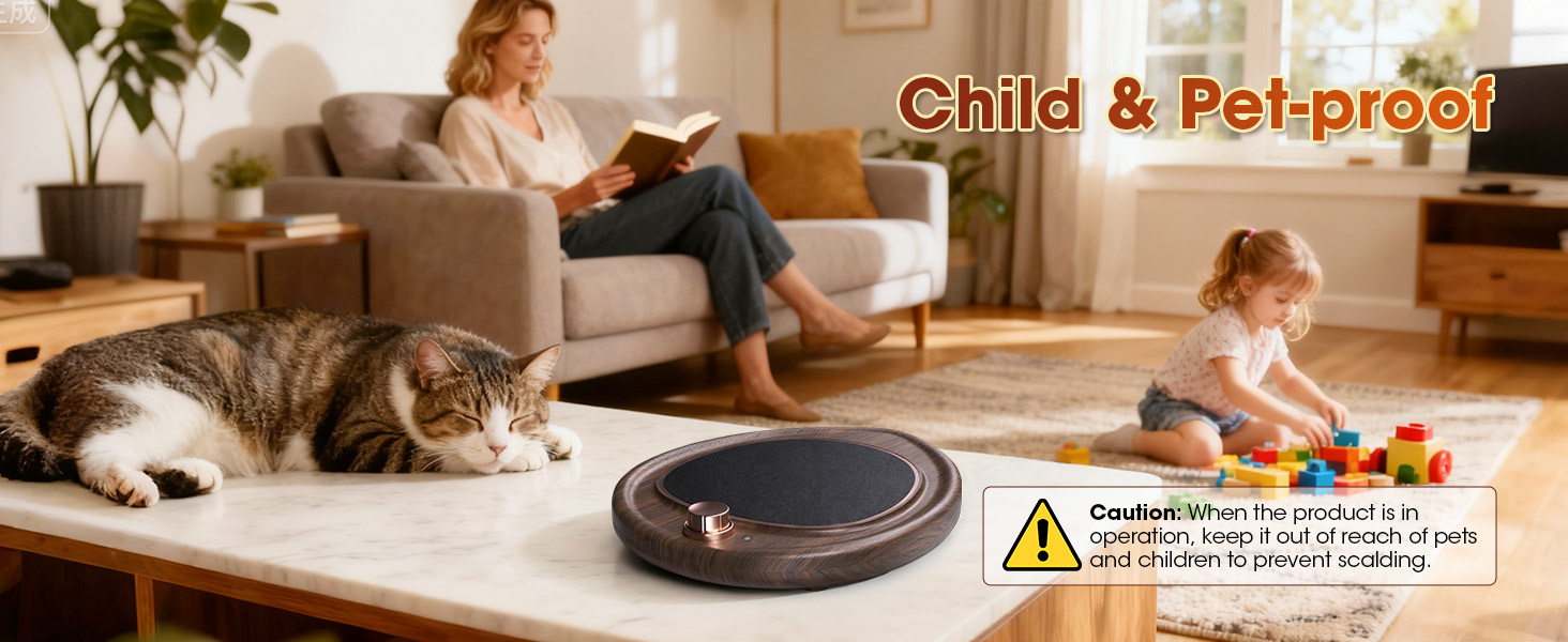 Text reads 'Child &amp; Pet-proof'. Multiple images showing a robotic vacuum cleaner in different scenarios, demonstrating its functionality in home settings.
