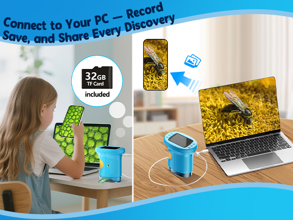 can connect with PC laptop iMac to record, save, and share every discovery