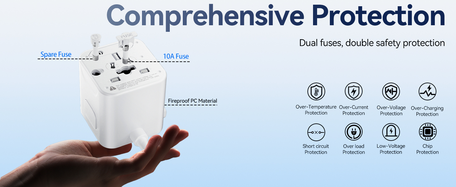 Comprehensive protection, dualfuses, double safety protection, over-temperature, Over-Current