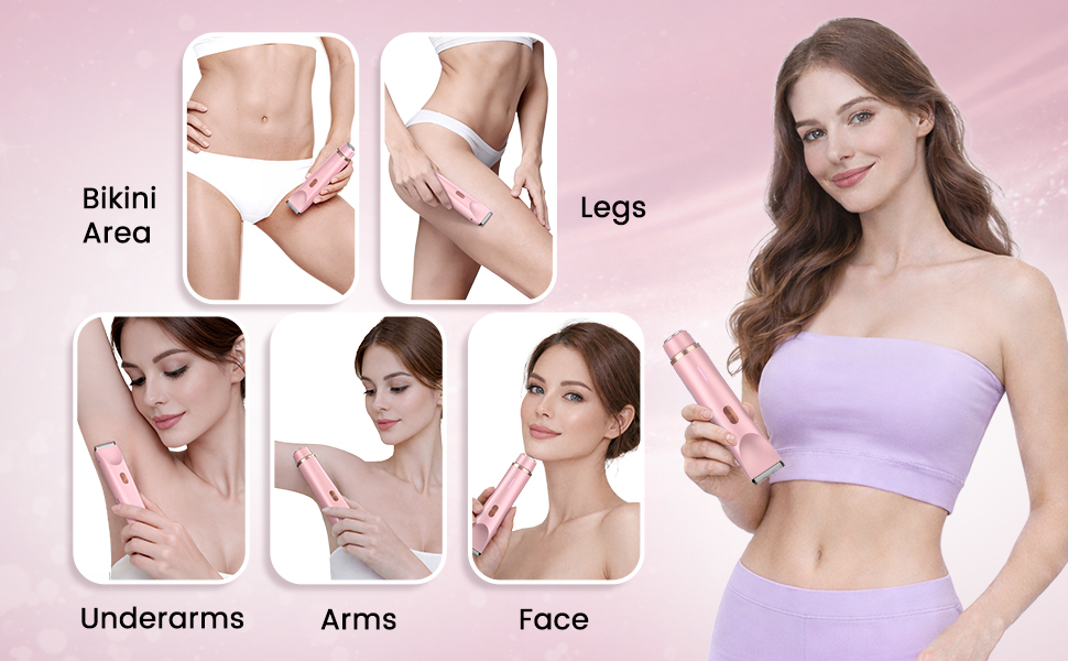 Women’s electric trimmer designed for bikini line, legs, underarms and facial hair.