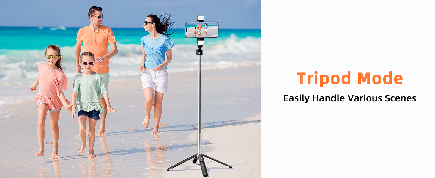 Text reads: 'Tripod Mode' and 'Easily Handle Various Scenes'. Beach scene demonstrating camera tripod usage with people walking along shoreline.