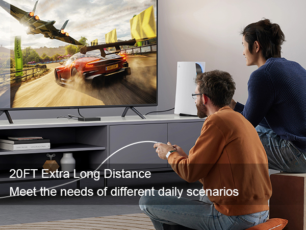 Text reads '20FT Lead Easy Distance' and 'Meet the needs of different daily scenarios'. Shows gaming setup with large TV displaying racing game, two people seated playing.