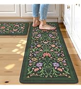 Collive Kitchen Mats for Floor, Cushioned Anti Fatigue Mat Green Floral Rugs 2 Piece Non Skid Wat...