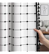 XOGUIBO Boho Blackout Black Plaid Curtains 84 Inch Linen Blend Drapes with Tassels 2 Panels, Cott...