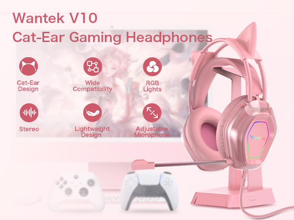 Cute Cat-Ear Gaming Headset 50mm Drivers Noise-Cancelling Mic 3.5mm Wired Stylish Lightweight Design