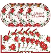 40 Pcs Christmas Paper Plates and Napkins Party Supplies, Holiday Poinsettia Holly Disposable Din...