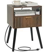 Mid Century Modern Nightstand with Charging Station, Wood Bedside Table with Drawer, Modern End T...