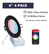 POPANU Black Smart Recessed Light 4 inch RGBCW APP Control 9W Wafer LED Smart Can Lights Canless ...