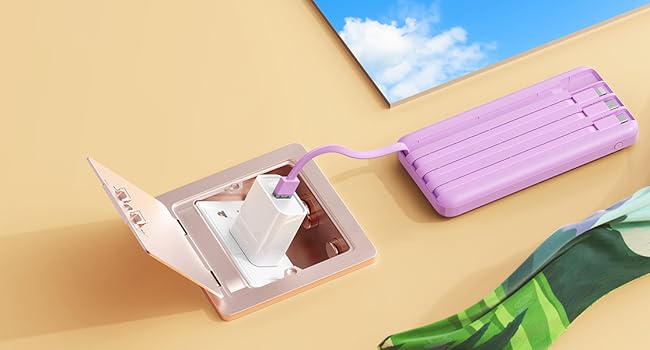 Open purple pill organizer box with compartments. Closed purple pill case next to it. Blue sky photo and green object also visible on yellow background.