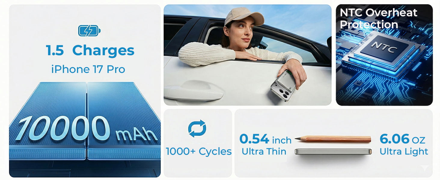 10000mAh magnetic power bank ultra slim long lifespan NTC protection for car travel