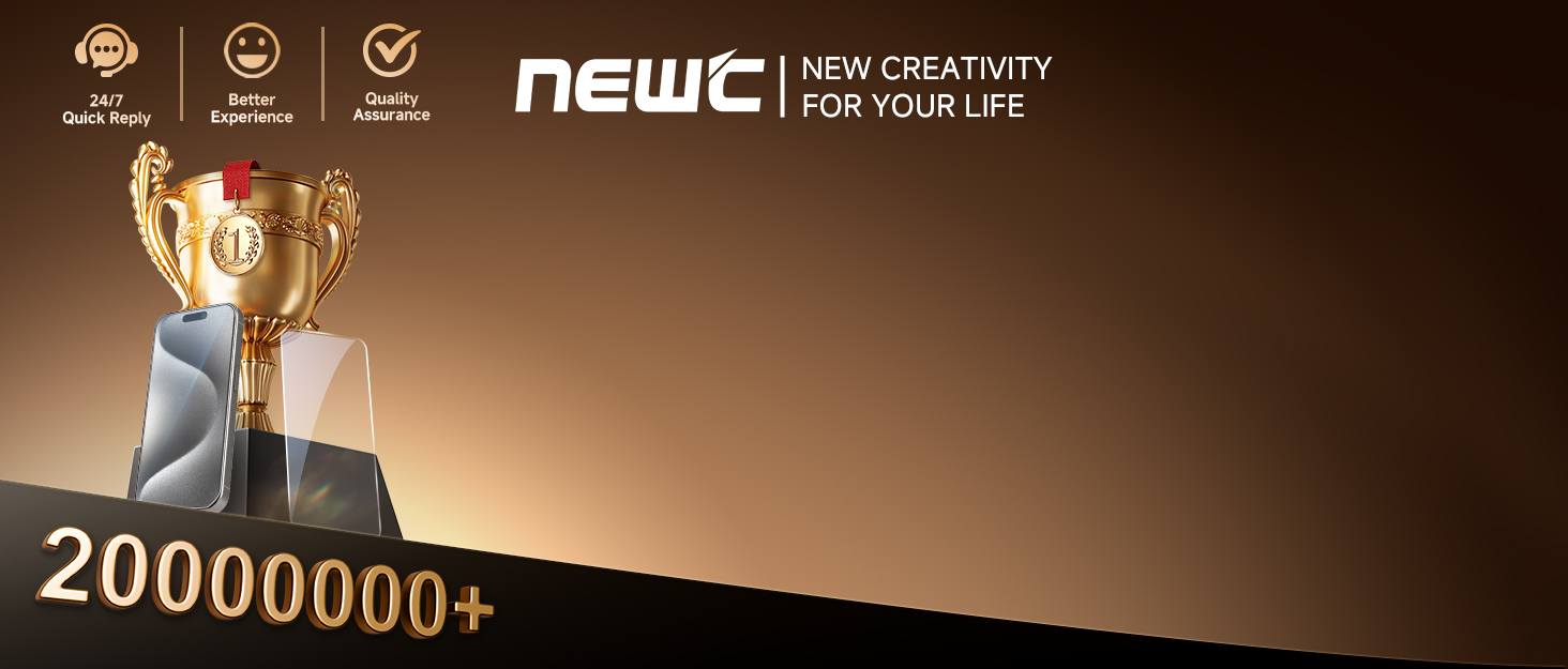 Text reads: 'NEWG NEW CREATIVITY FOR YOUR LIFE' and '20000000+'. Gold trophy or award statue against brown background with interface icons visible in top corner.