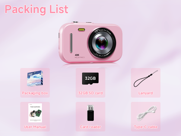 Packing list including 32gb sd card and card reader