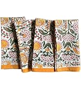 ATOSII Clover Yellow 100% Cotton Fall Cloth Dinner Napkins, 20 X 20 Inches, Floral Handblock Prin...
