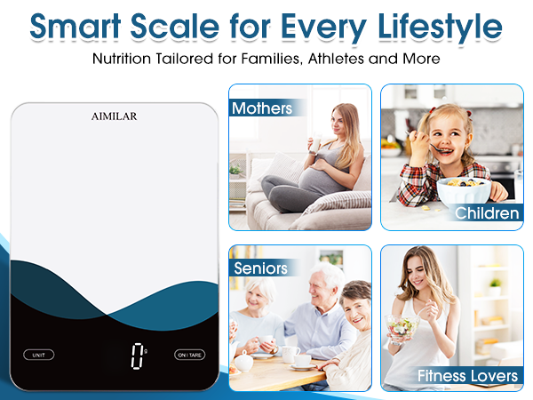 Text reads 'Smart Scale for Every Lifestyle' and 'Nutrition Tailored for Families, Athletes and More'. Marketing banner showing smart scale interface with categories for Mothers, Children, Seniors, and Fitness Lovers.