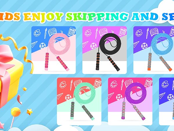 Colorful jump ropes displayed in grid with yellow gift box. Text reads 'LET KIDS ENJOY SKIPPING AND SPORTS'. Ropes shown in various colors with cartoon animal handles.