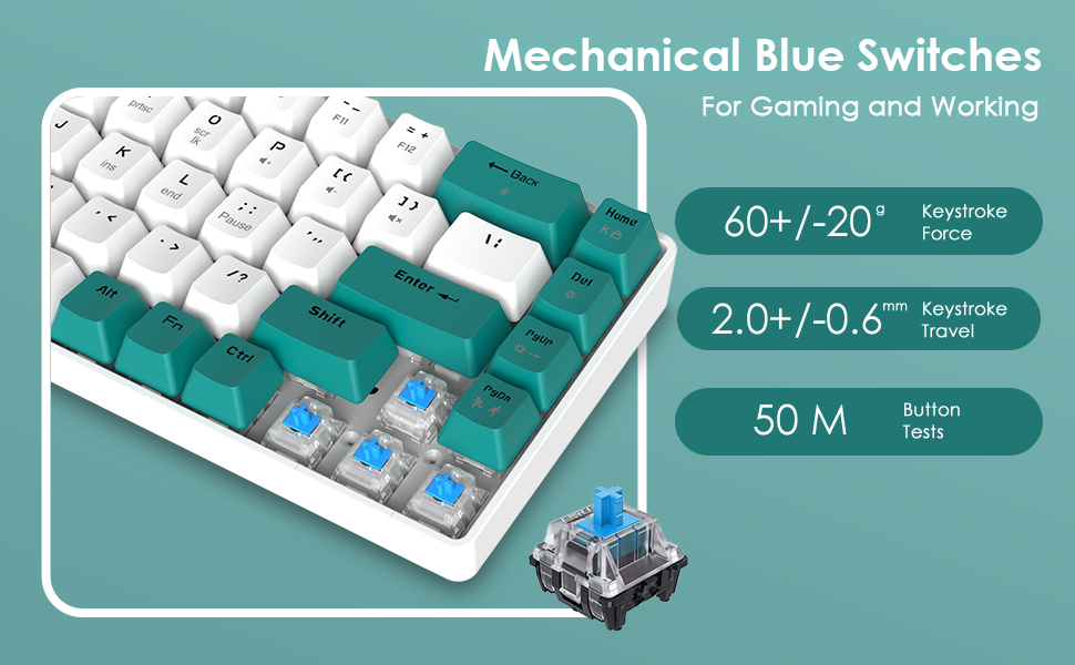 wired 68 key mechanical gaming keyboard with clicky tactile blue switch N-KEY rollover