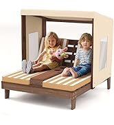 HONEY JOY Kids Chaise Lounge Chair Outdoor, Toddler Wood Double Pool Lounger Chairs w/Canopy, Cup...