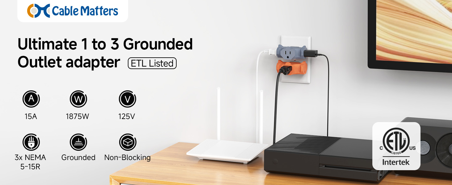 3 Way Plug Adapter 15A 1875W, 3 Prong 3 Outlet Adapter