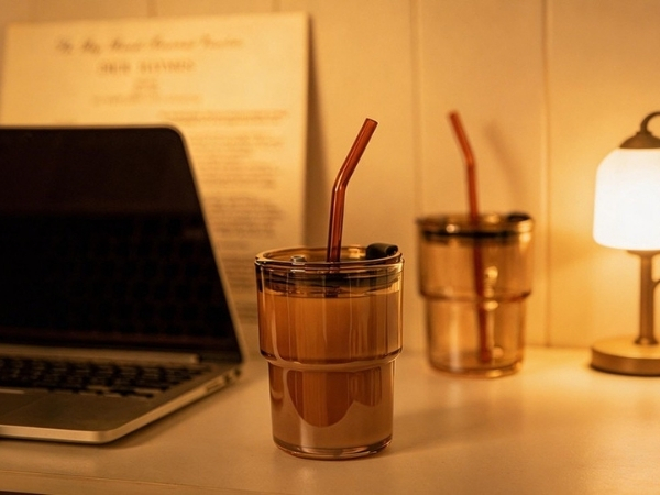 glass tumbler with lid and straw