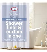 Clorox 2-in-1 Bathroom Shower Curtain Liner w Metal Hooks, Durable Fabric, Weighted Magnets for B...