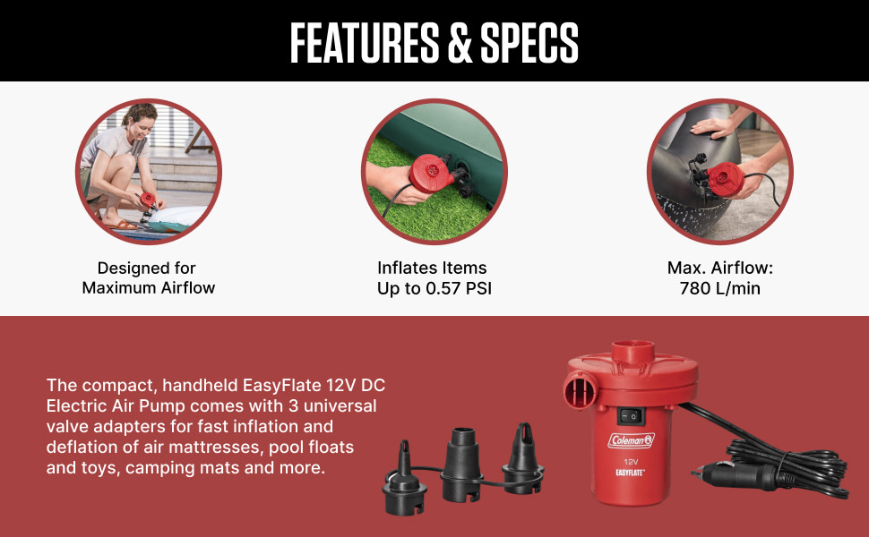12V air pump inflates up to 0.57 PSI, 780 L/min airflow, multi-use