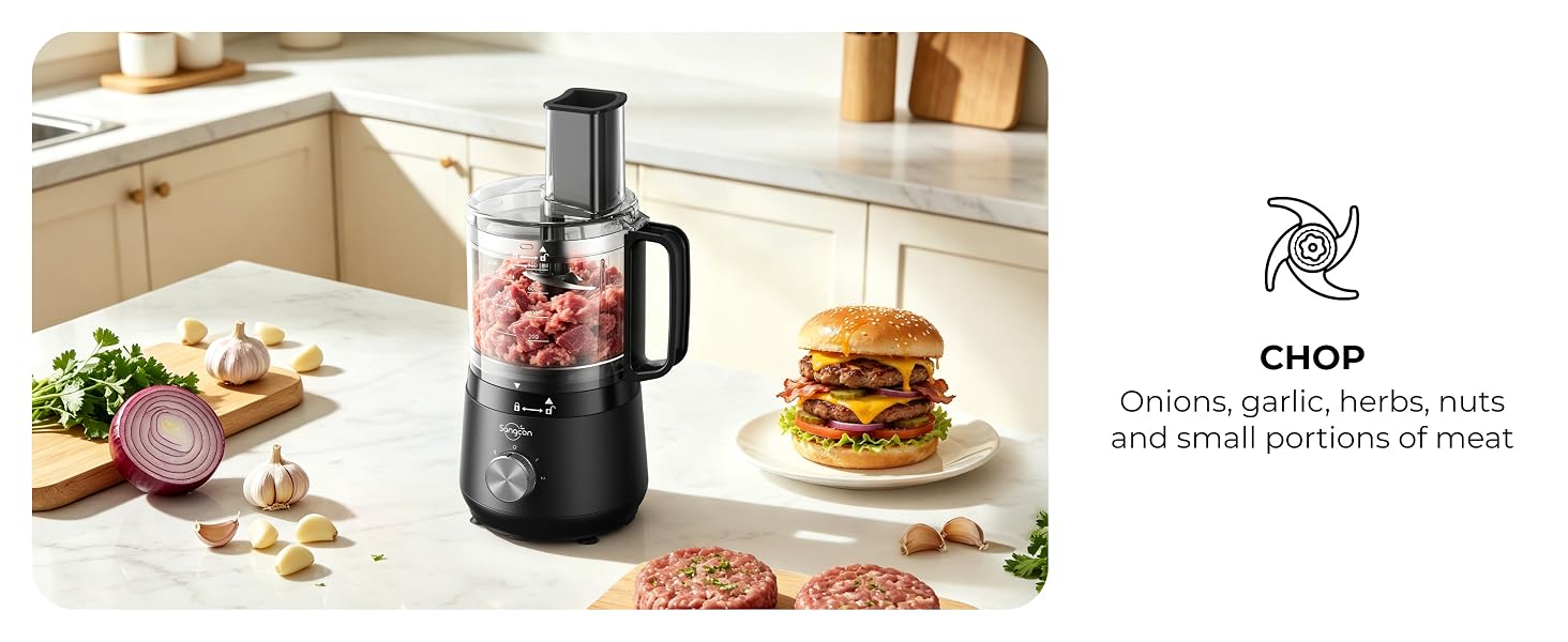 Sangcon mini food processor chopping meat beside onions, garlic, herbs, a burger and patties.