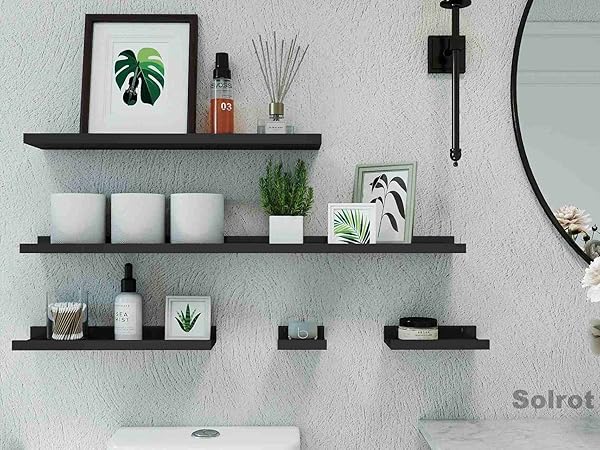 black shelves in bathroom