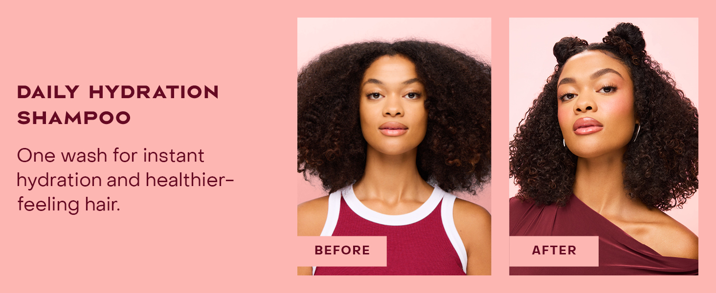 Two images of the same woman comparing her hair before and after applying our hydration shampoo.
