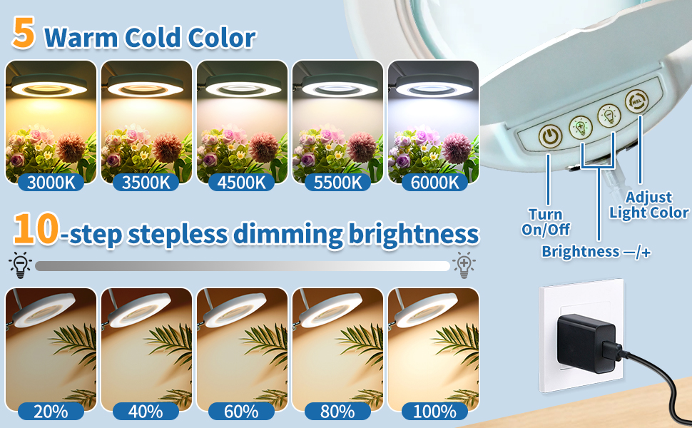 5 level warm cold color magnifying light with clamp