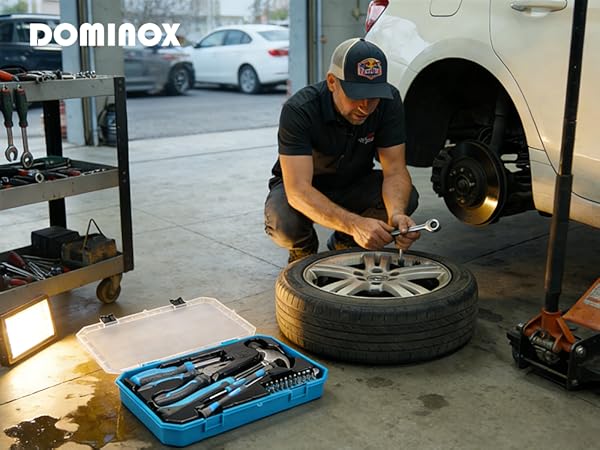 Text reads 'DOMINOX'. Series of images showing automotive service work being performed on vehicle wheels with professional tools and lighting.
