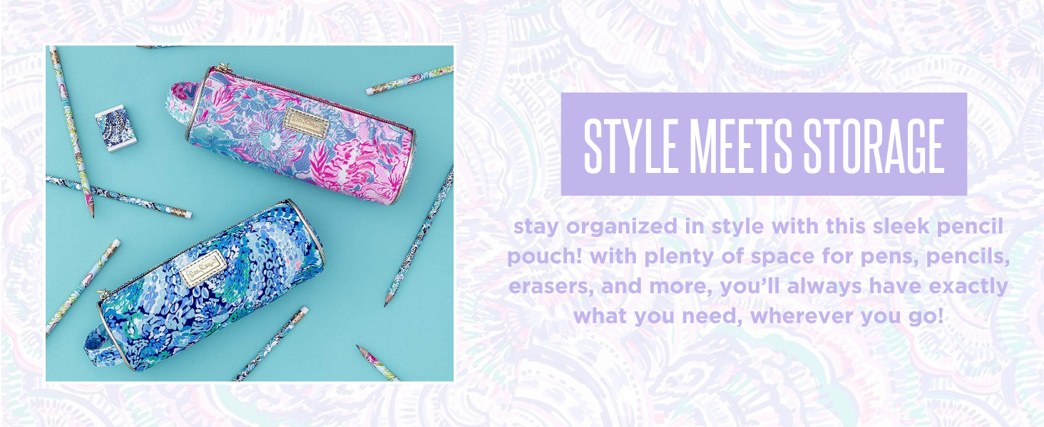 lilly pulitzer pencil pouch gold details zipper logo plaque carrying handle travel on the go