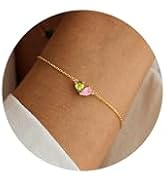 RLMOON Gold Bracelets for Women Dainty 2 Birthstones Heart Bracelet 14K Gold Plated Red CZ Bracel...