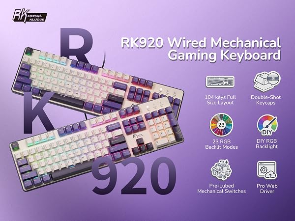 RK ROYAL KLUDGE RK920 keyboard wired 104-key layout for gaming and work, keeping every key ready