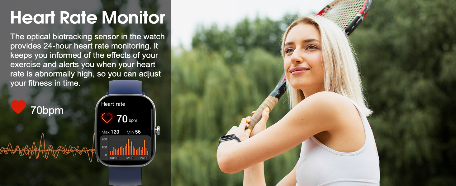 Smart watch displaying heart rate monitoring interface with 70 BPM reading shown on screen.