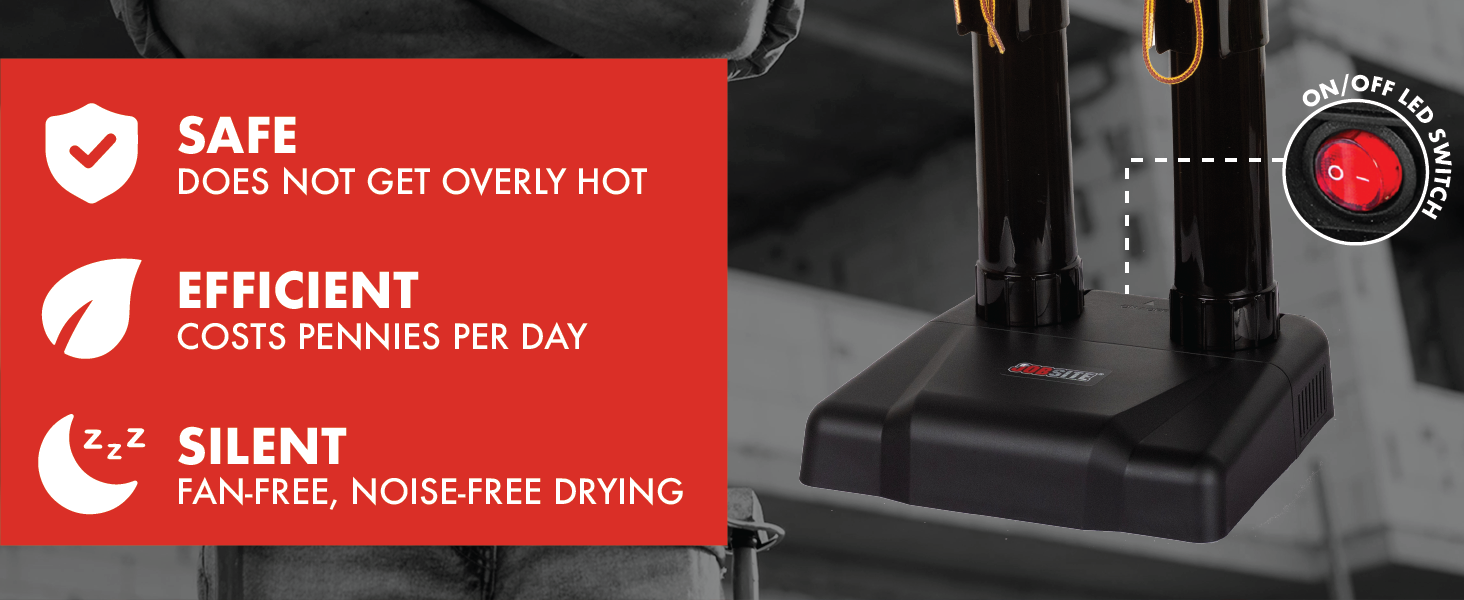 A pair of work boots dries on the boot dryer. Text reads 