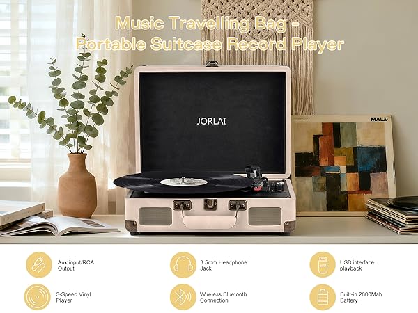 Portable Bluetooth Record Player with USB Playback Rechargeable Battery