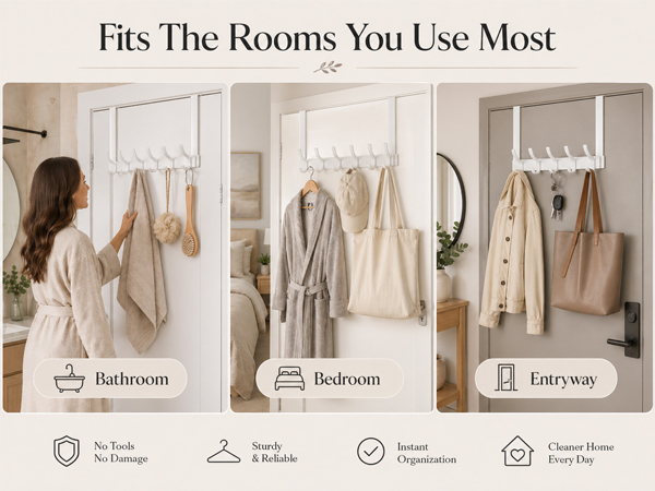 Door hook rack for multi-room use: bathroom, bedroom, entryway organization