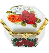 Evenchae Tiny Hexagon Porcelain Trinket Box | Rose Bouquet | French Style Gift Box with Velvet Bag