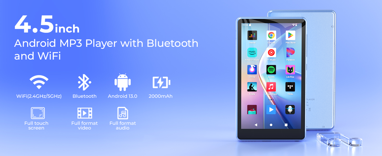 Text reads '4.5 Android MP5 Player with Bluetooth and WiFi'. Product interface display showing app icons and wireless connectivity symbols against blue background.