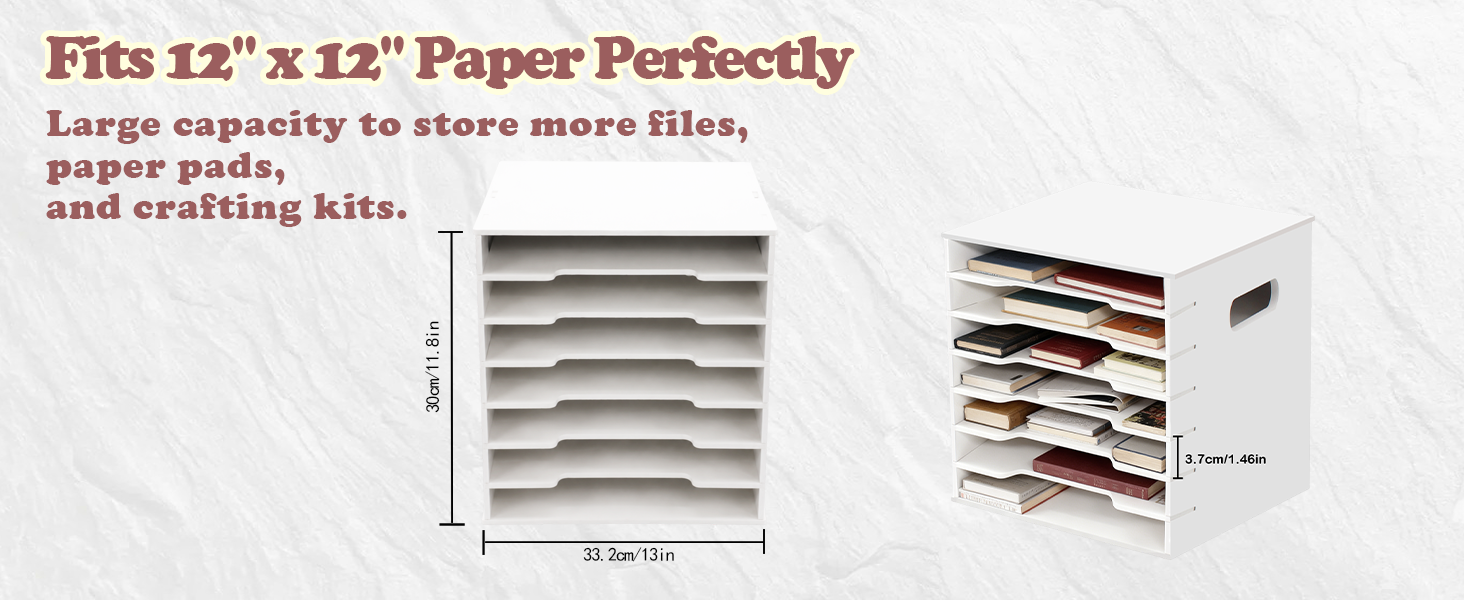 This white desktop organizer has 7 compartments that can hold files up to 12x12inc(30.5 x 30.5cm)