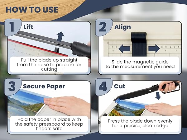 To use heavy duty paper cutter guillotine: lift blade, align &amp; secure paper, cut clean straight edge