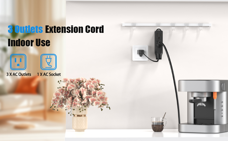 1 Ft Short Power Extension Cord, HICITY 3 Outlet Extension Cord, 3 Prong Grounded Wire